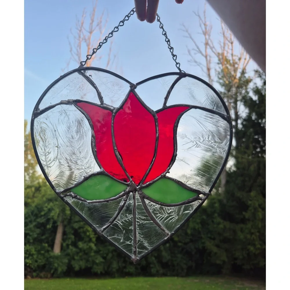 Vintage Handmade Stained Glass Heart Tulip Suncatcher Window Hanging Floral Art